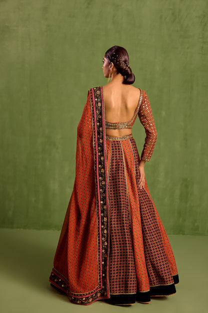 Orange Viscose Raw Silk Floral Geometric Printed Panelled Lehenga Set