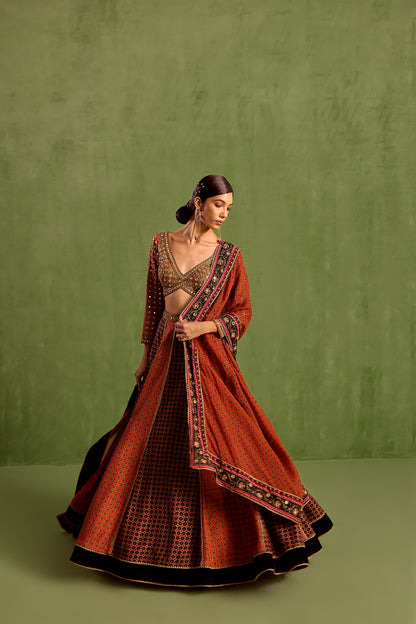 Orange Viscose Raw Silk Floral Geometric Printed Panelled Lehenga Set