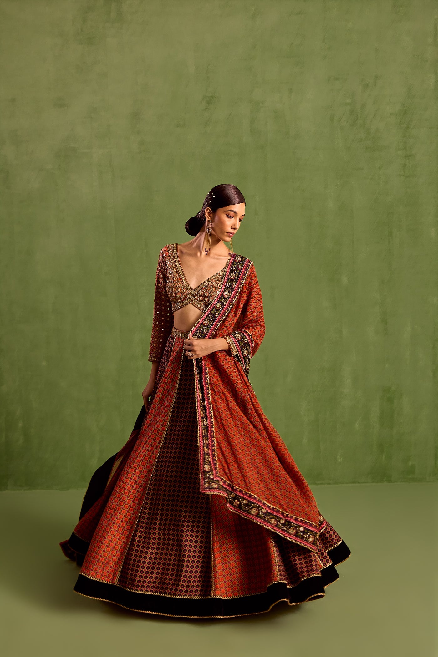 Orange Viscose Raw Silk Floral Geometric Printed Panelled Lehenga Set