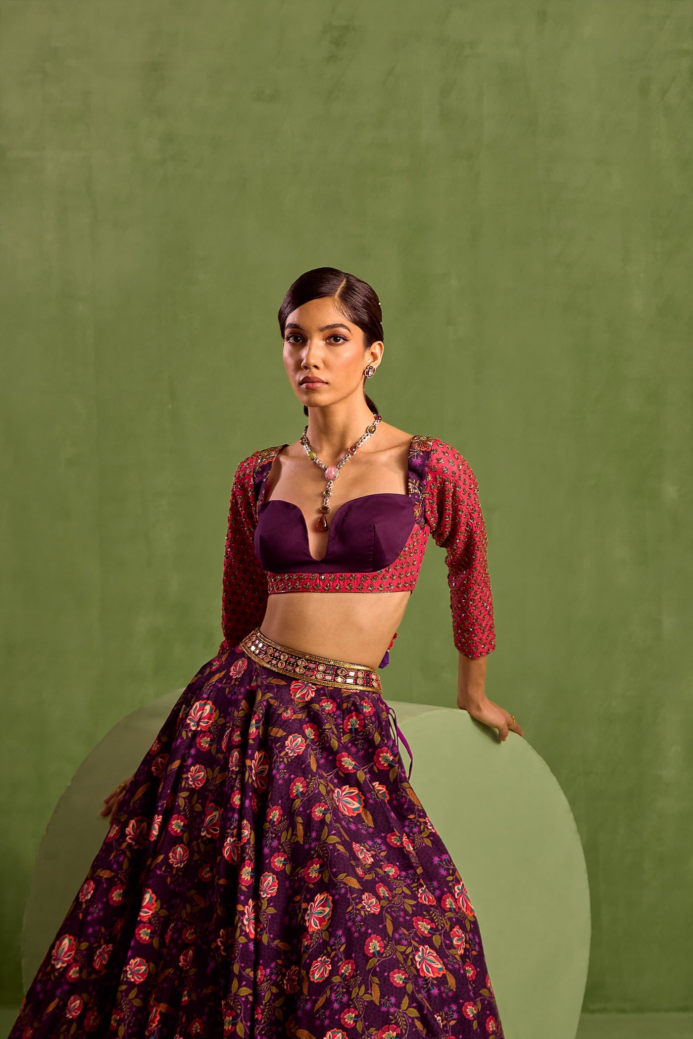 Purple Viscose Raw Silk Print Floral Sweetheart Neck Bloom Lehenga Set