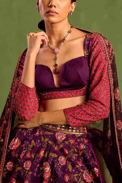 Purple Viscose Raw Silk Print Floral Sweetheart Neck Bloom Lehenga Set