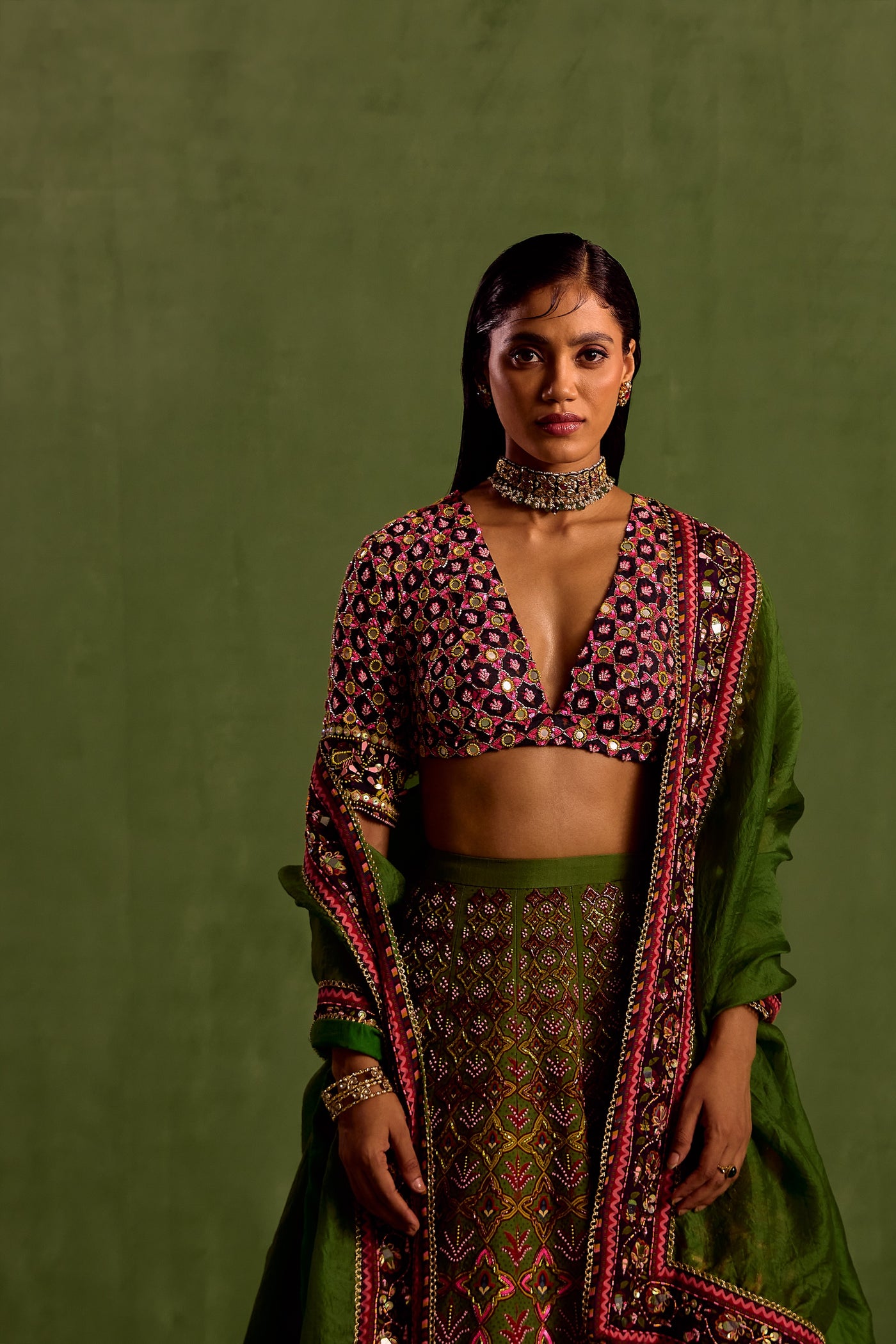 Green Viscose Raw Silk Print Quatrefoil Plunging V Hand Embroidered Lehenga Set