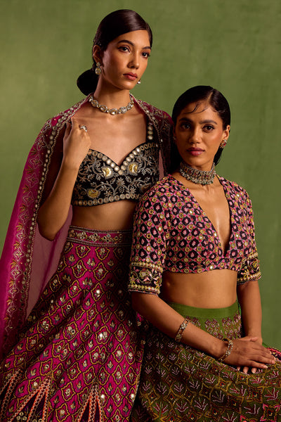 Green Viscose Raw Silk Print Quatrefoil Plunging V Hand Embroidered Lehenga Set