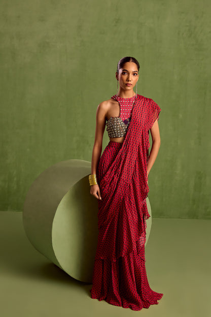 Pink Viscose Chinon Printed Pre-draped Ruffle Saree With Cut-out Blouse