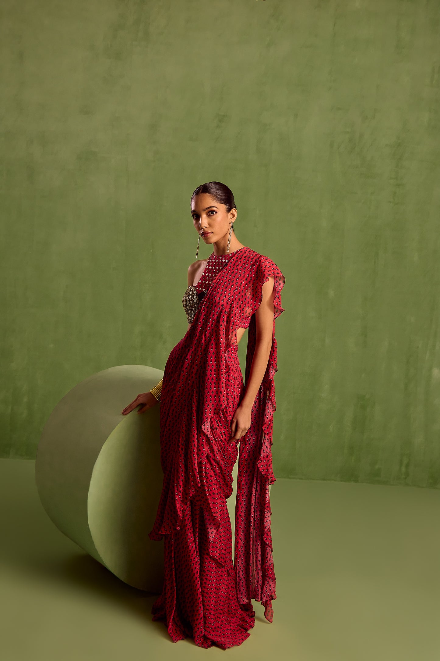 Pink Viscose Chinon Printed Pre-draped Ruffle Saree With Cut-out Blouse