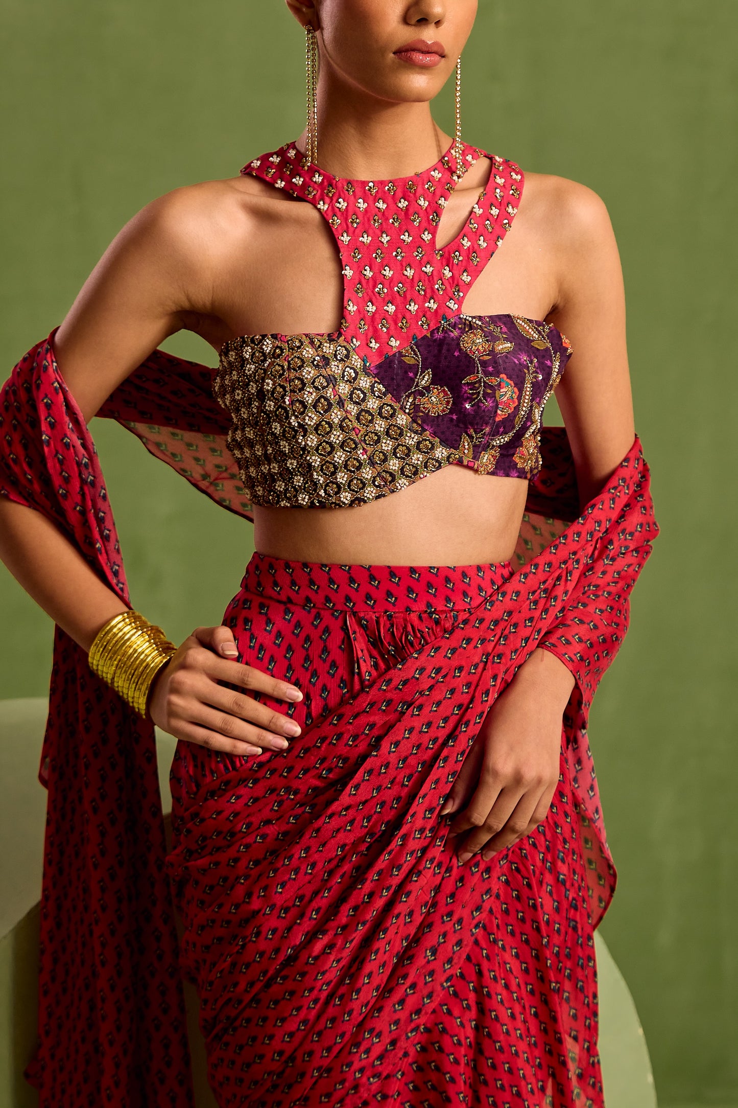 Pink Viscose Chinon Printed Pre-draped Ruffle Saree With Cut-out Blouse