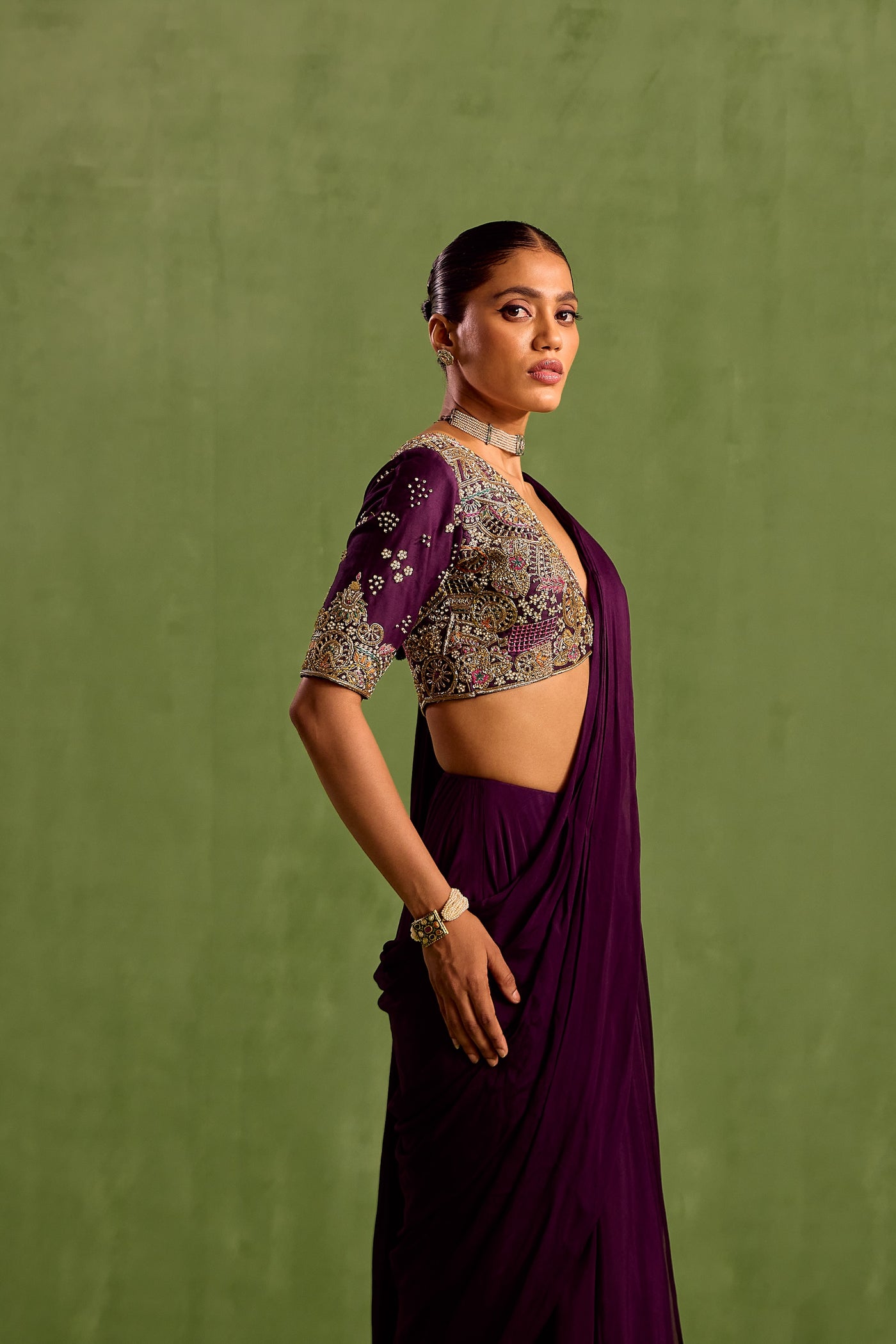 Purple Viscose Chinon Embroidered Blouse Pre-draped Saree With Abstract Hand