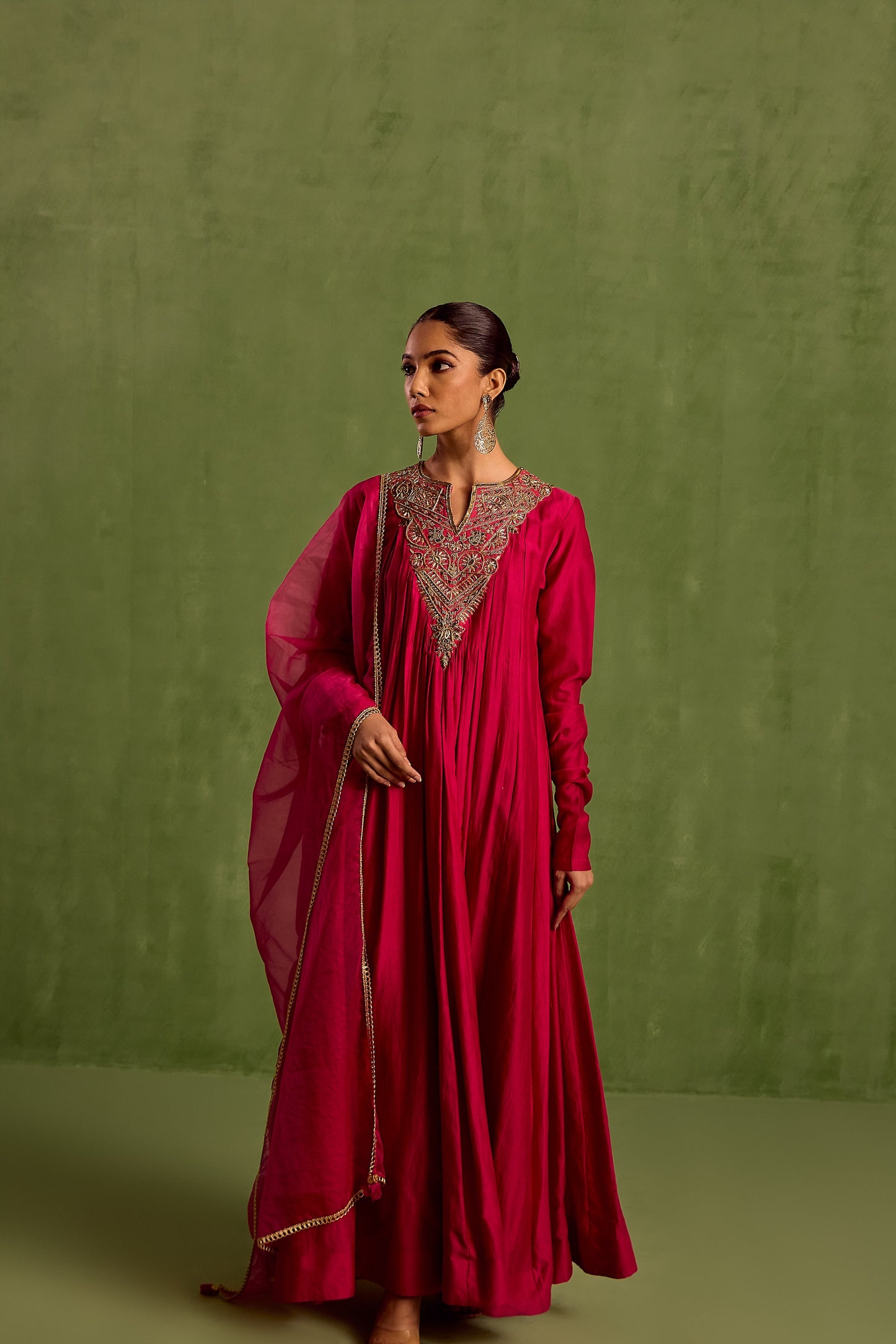 Pink Chanderi Silk Embroidery Dabka Notched Hand Yoke Anarkali With Dupatta