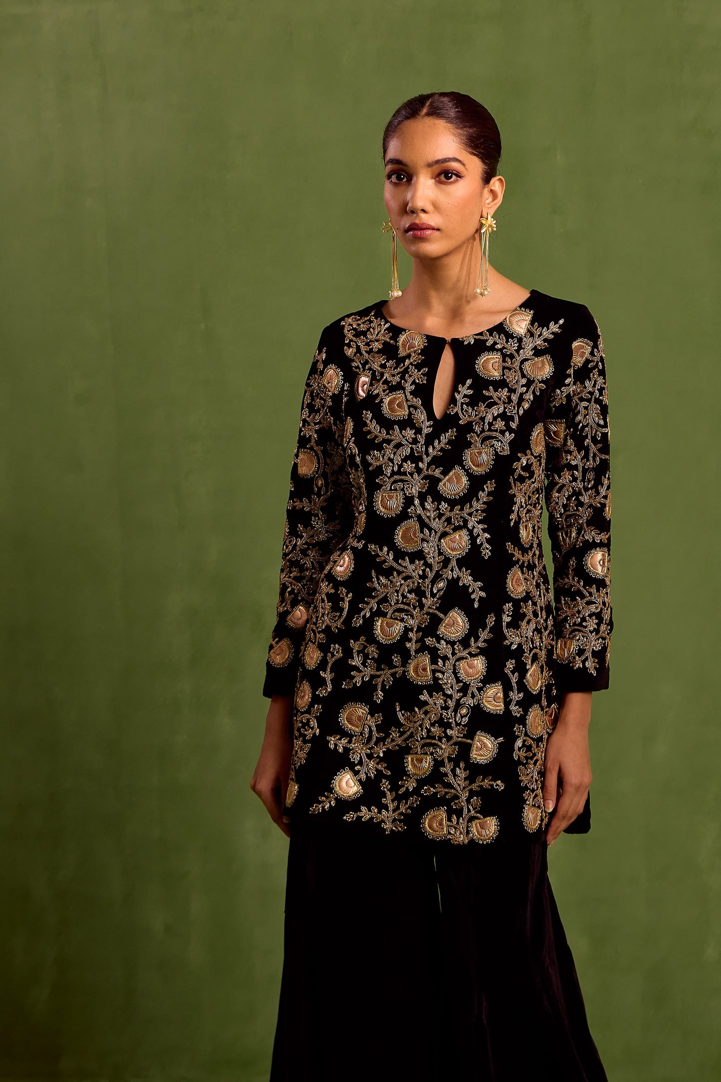 Black Velvet Embroidered Dabka Keyhole Kurta With Sharara