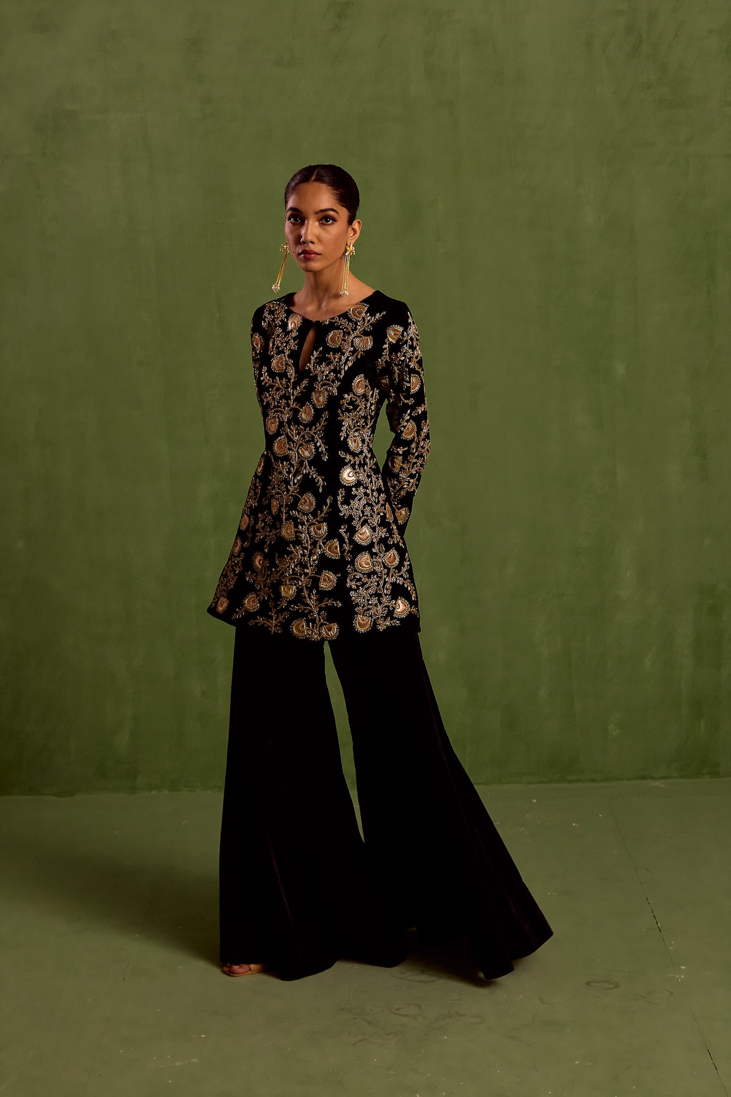 Black Velvet Embroidered Dabka Keyhole Kurta With Sharara