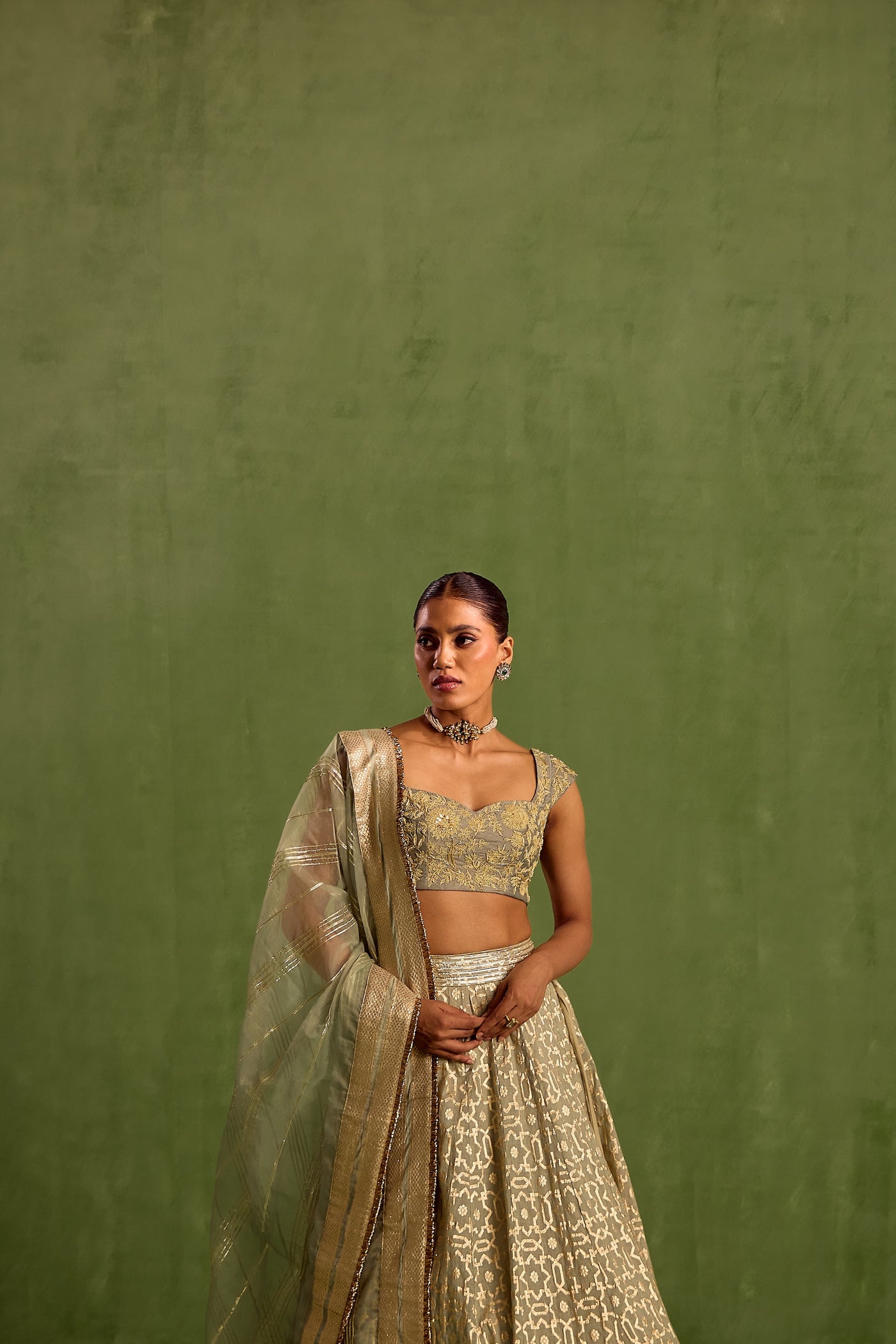 Green Banarasi Chanderi Woven Geometric Sweetheart Jaal Lehenga Set