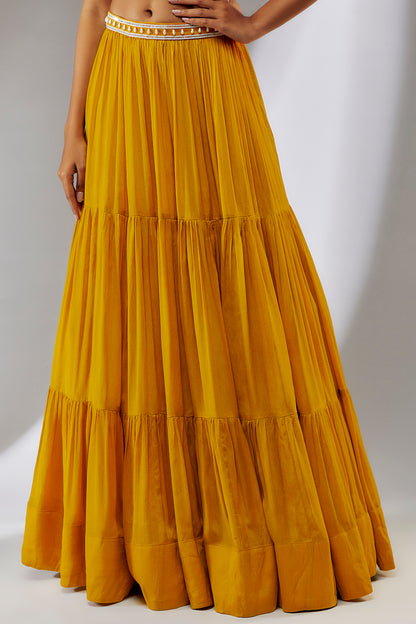 Yellow hand embroidered chiffon cape lehenga set