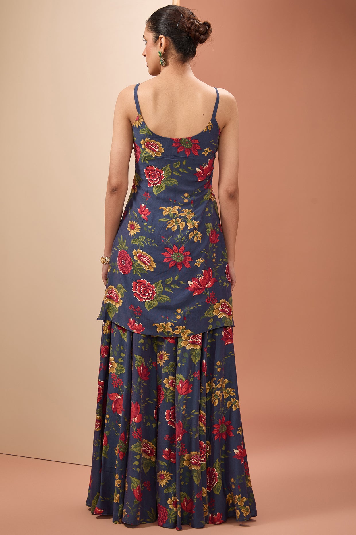 Blue Viscose Cotton Silk Digital Print Floral Scoop Kurta Sharara Set For Women
