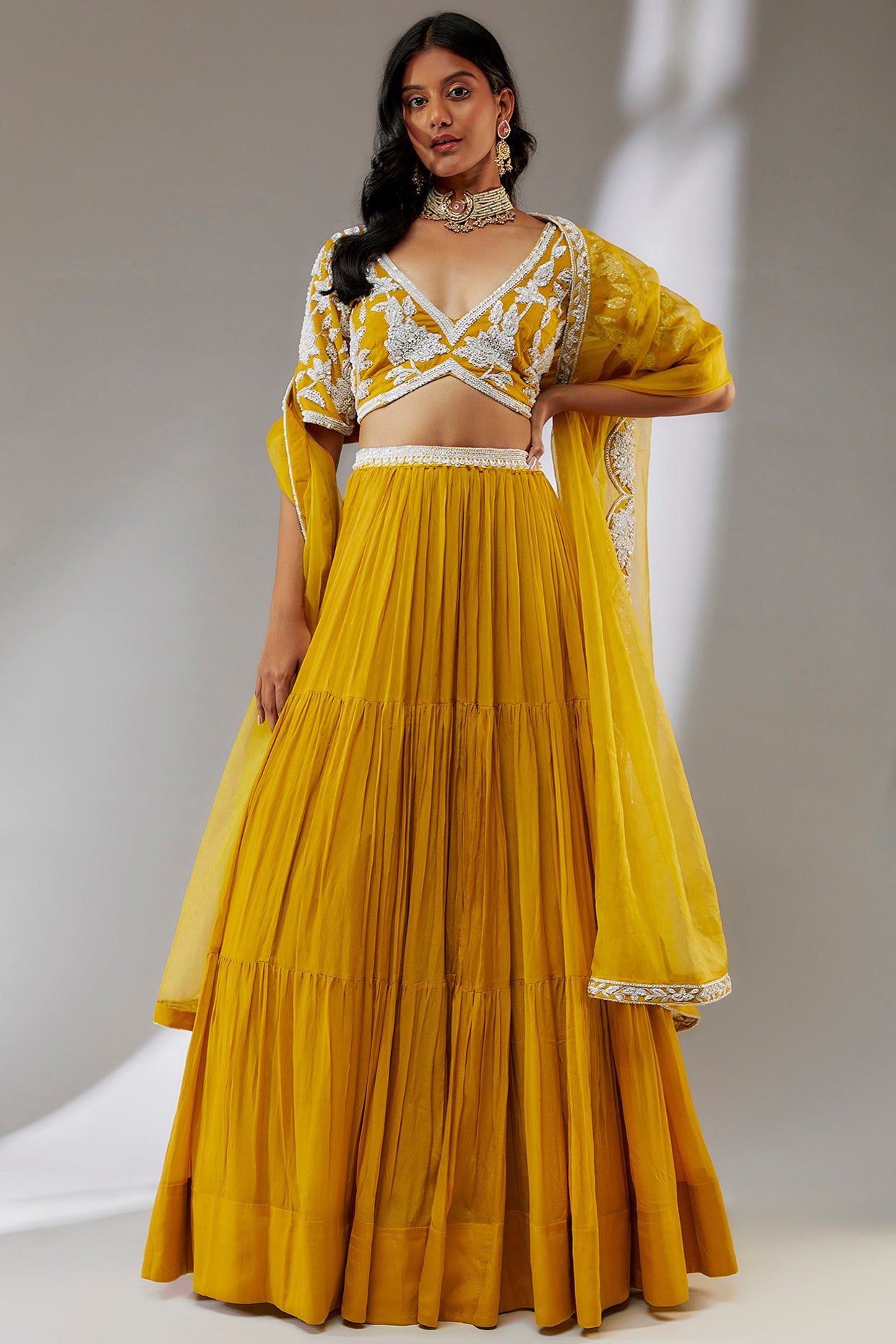 Hand embroidered chiffon lehenha set