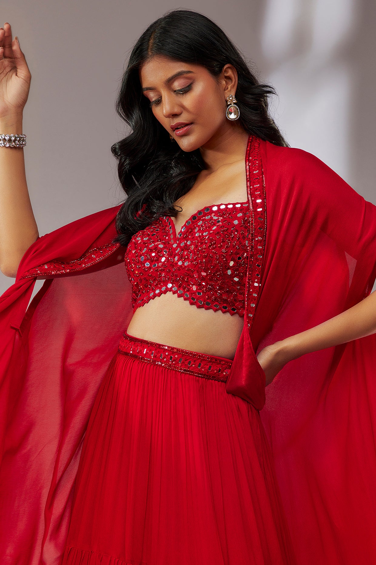 Embellished Crop Top With Cape Lehenga Set – FUELTHESTORE