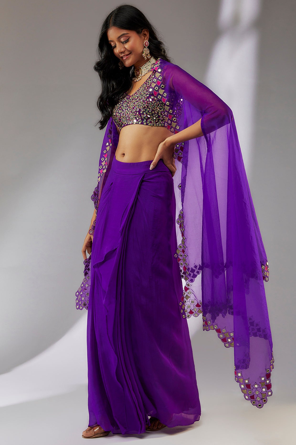 Purple draped skirt & cape set