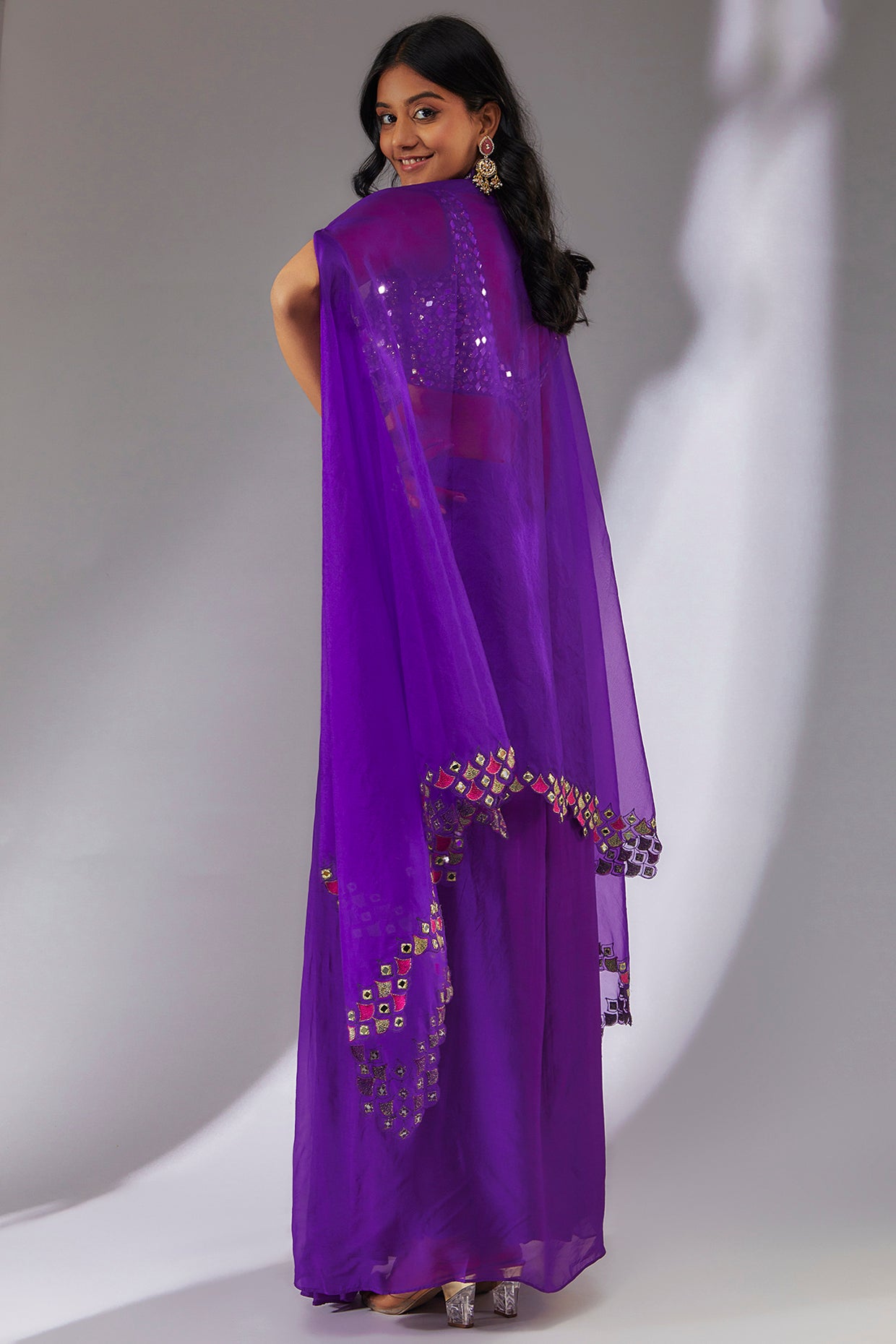 Purple draped skirt & cape set