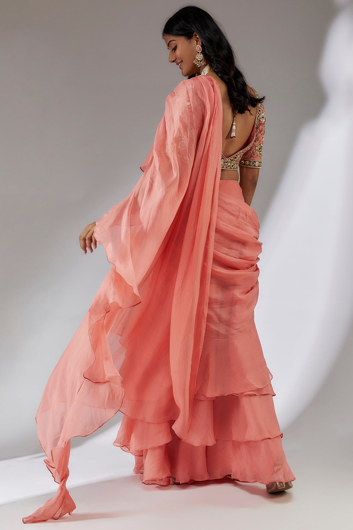 Radhika and Raghav Ruffle Pre-stitched Saree With Blouse | Peach, Sequin,  Silk Organza, V Neck, Sleeveless