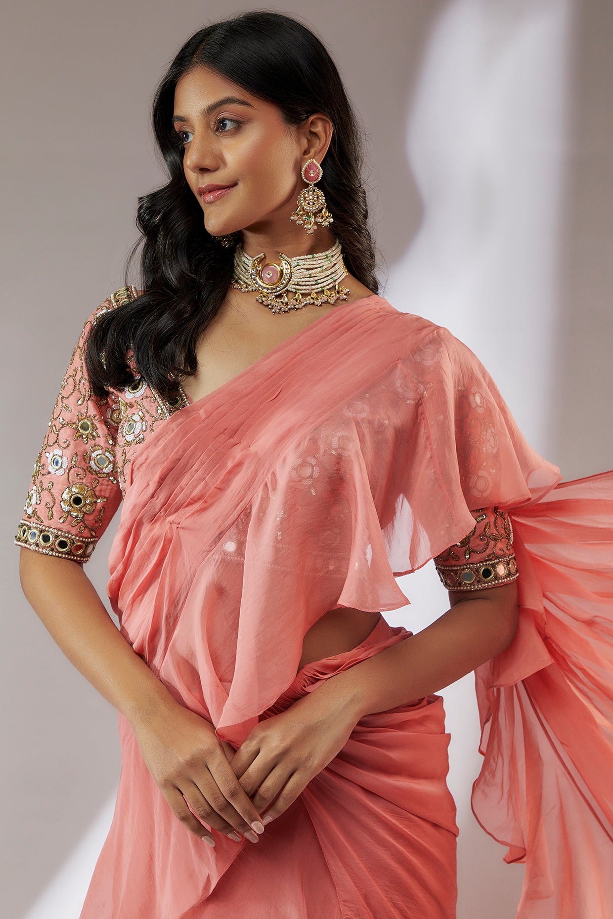 peach color ruffle saree – JYOTIKA PATEL DESIGNS