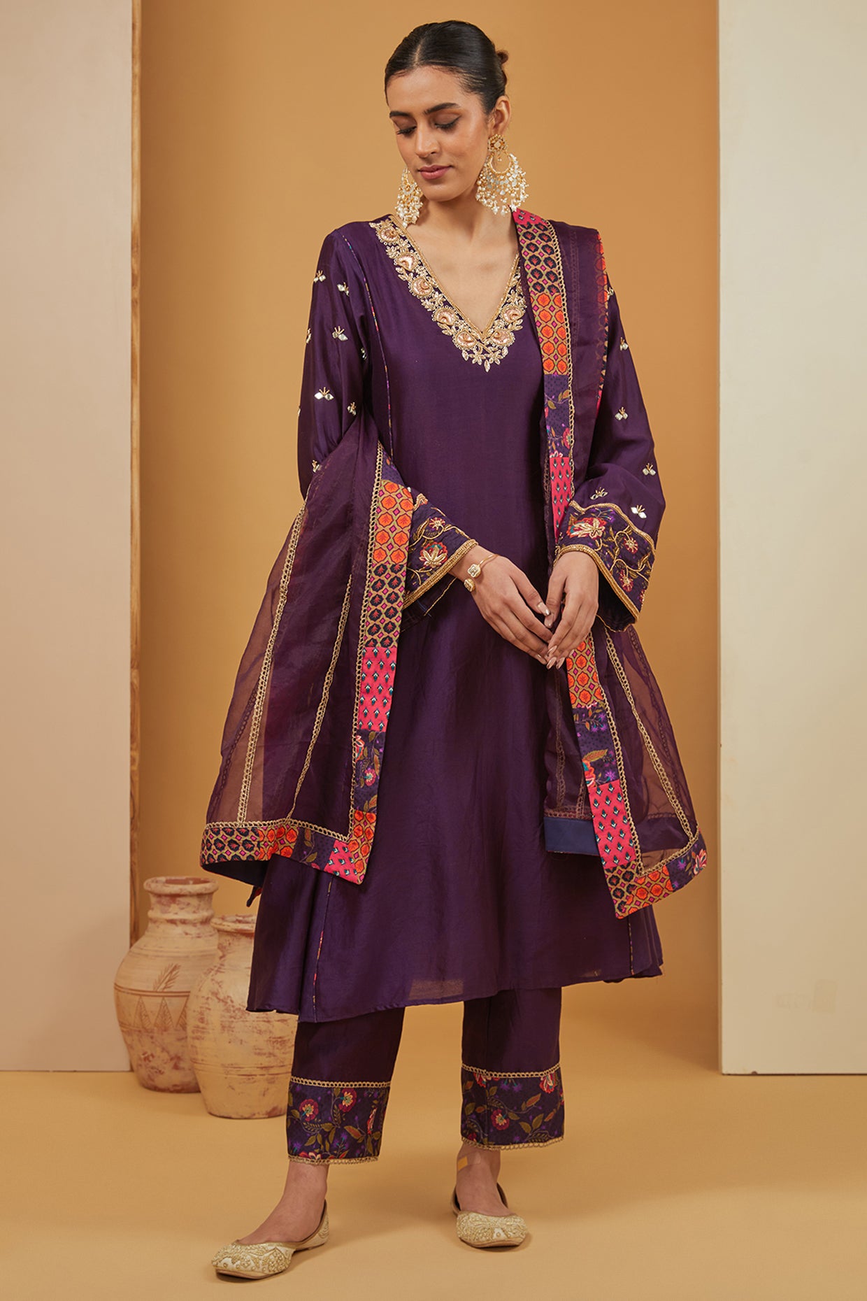 Purple Chanderi Silk Hand Embroidery Zari V Placement Kurta Pant Set For Women