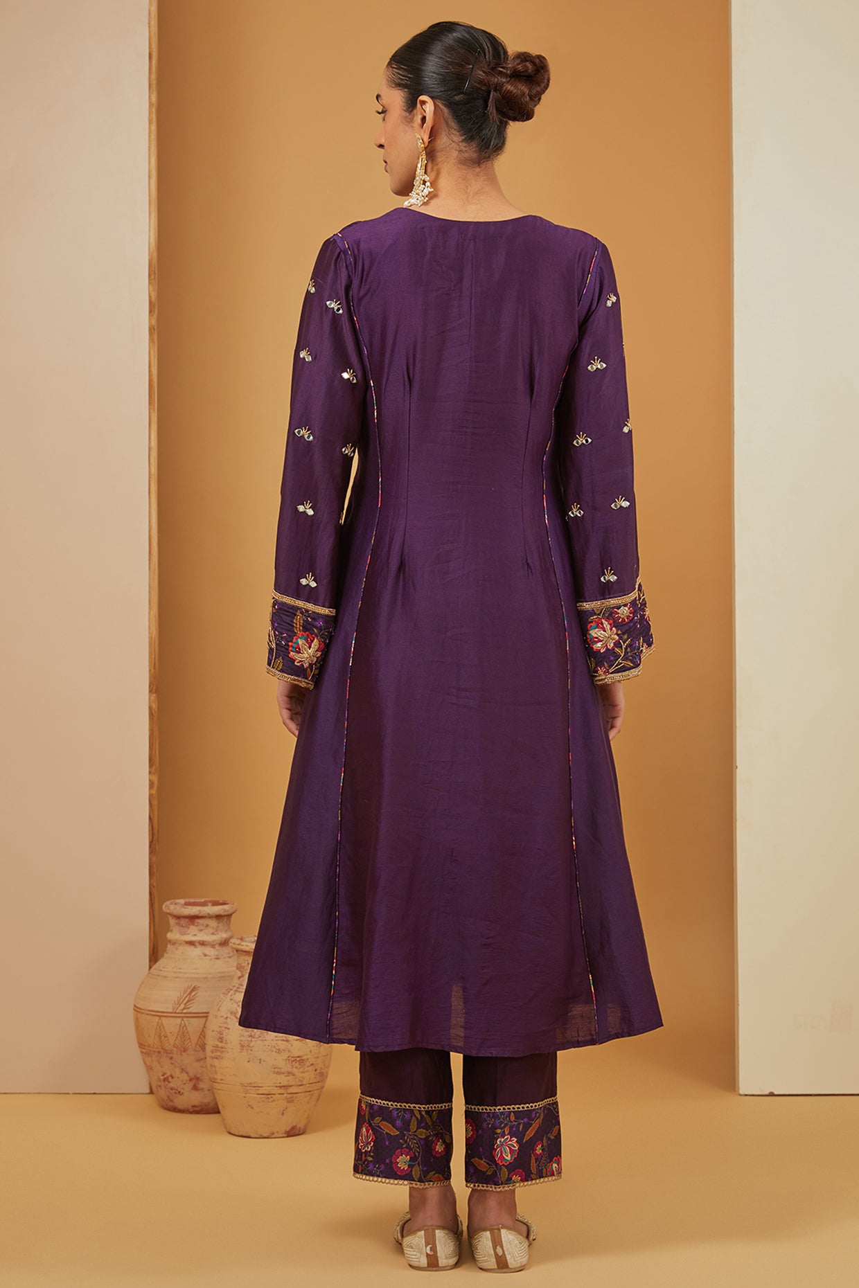 Purple Chanderi Silk Hand Embroidery Zari V Placement Kurta Pant Set For Women