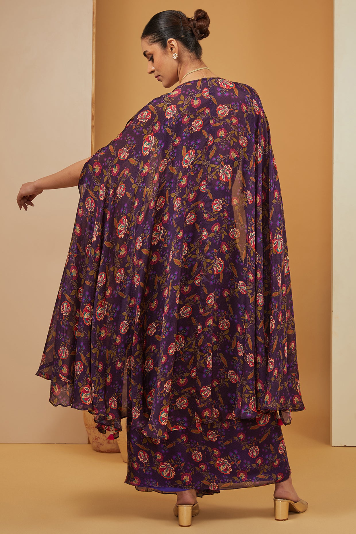 Purple Viscose Chinon Print Floral Bloom Cape Draped Skirt Set For Women