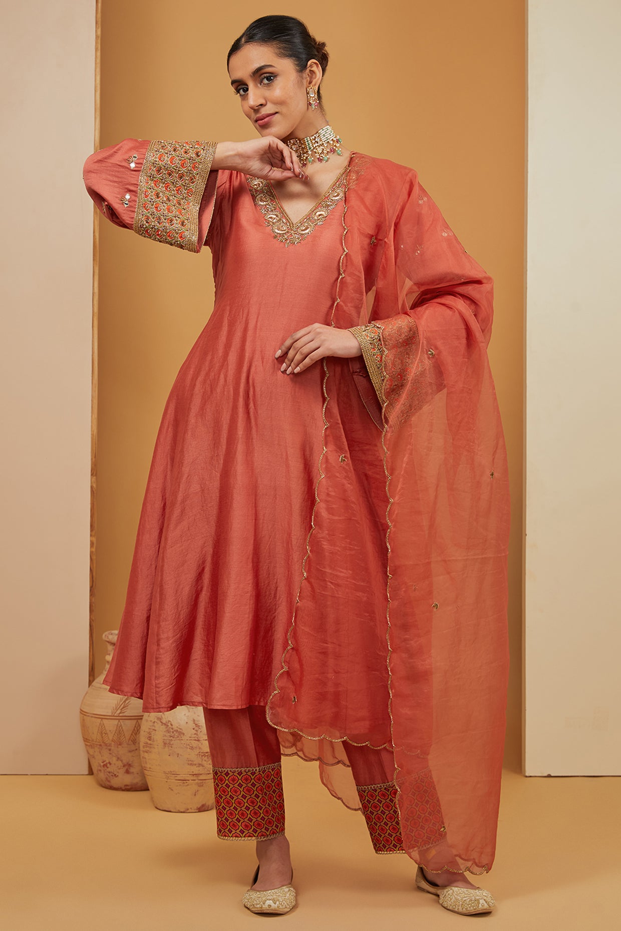 Orange Chanderi Silk Placement Hand Embroidery A-line Kurta Pant Set For Women