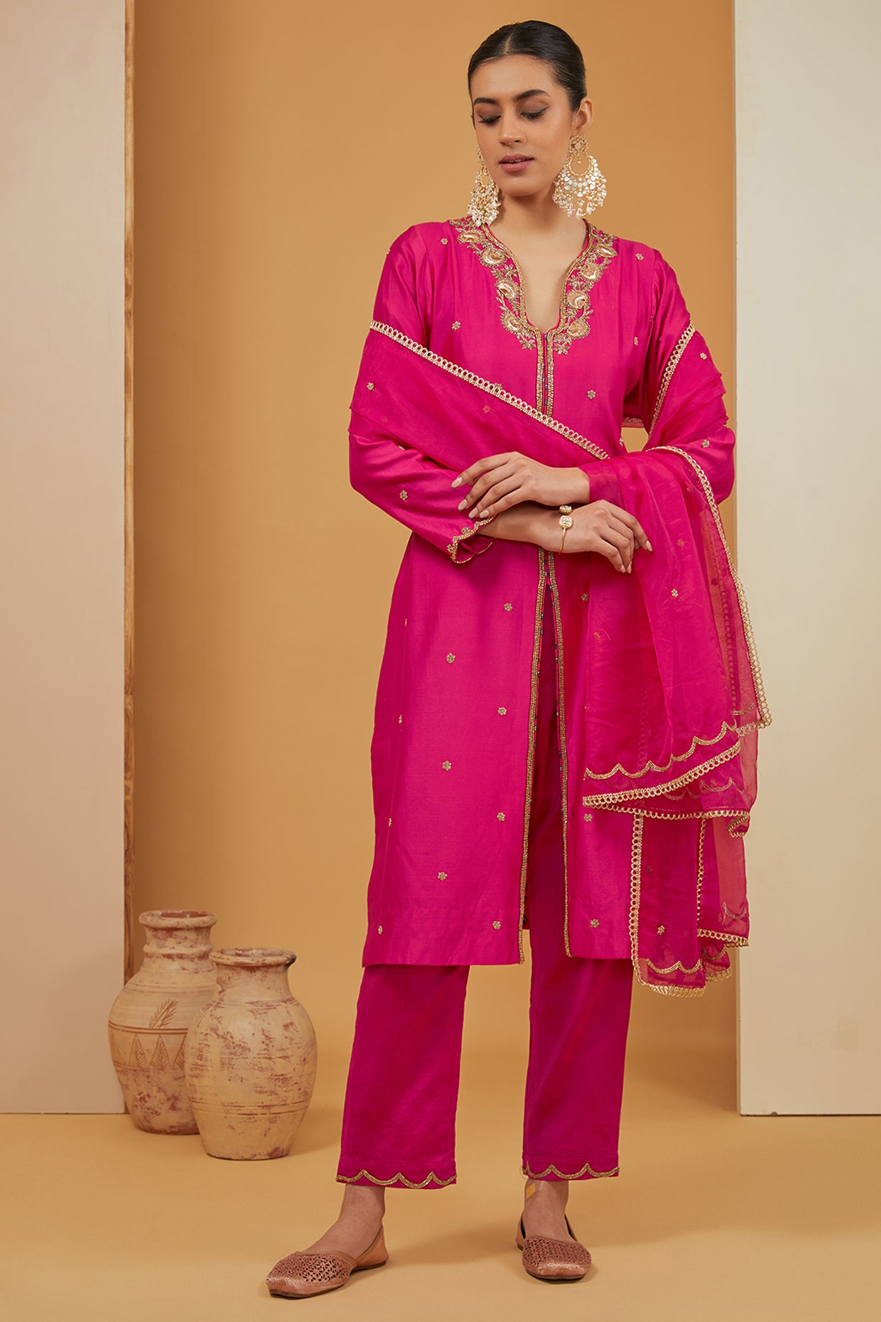 Pink Chanderi Silk Hand Embroidery Zari V Neck Kurta Pant Set For Women