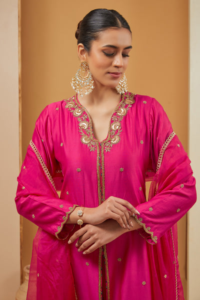 Pink Chanderi Silk Hand Embroidery Zari V Neck Kurta Pant Set For Women