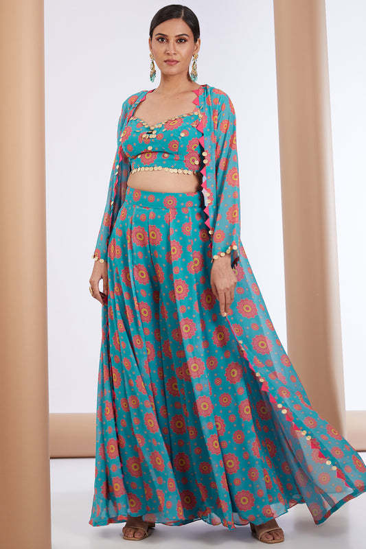 Blue Georgette Floral Print Longline Cape Sharara Set