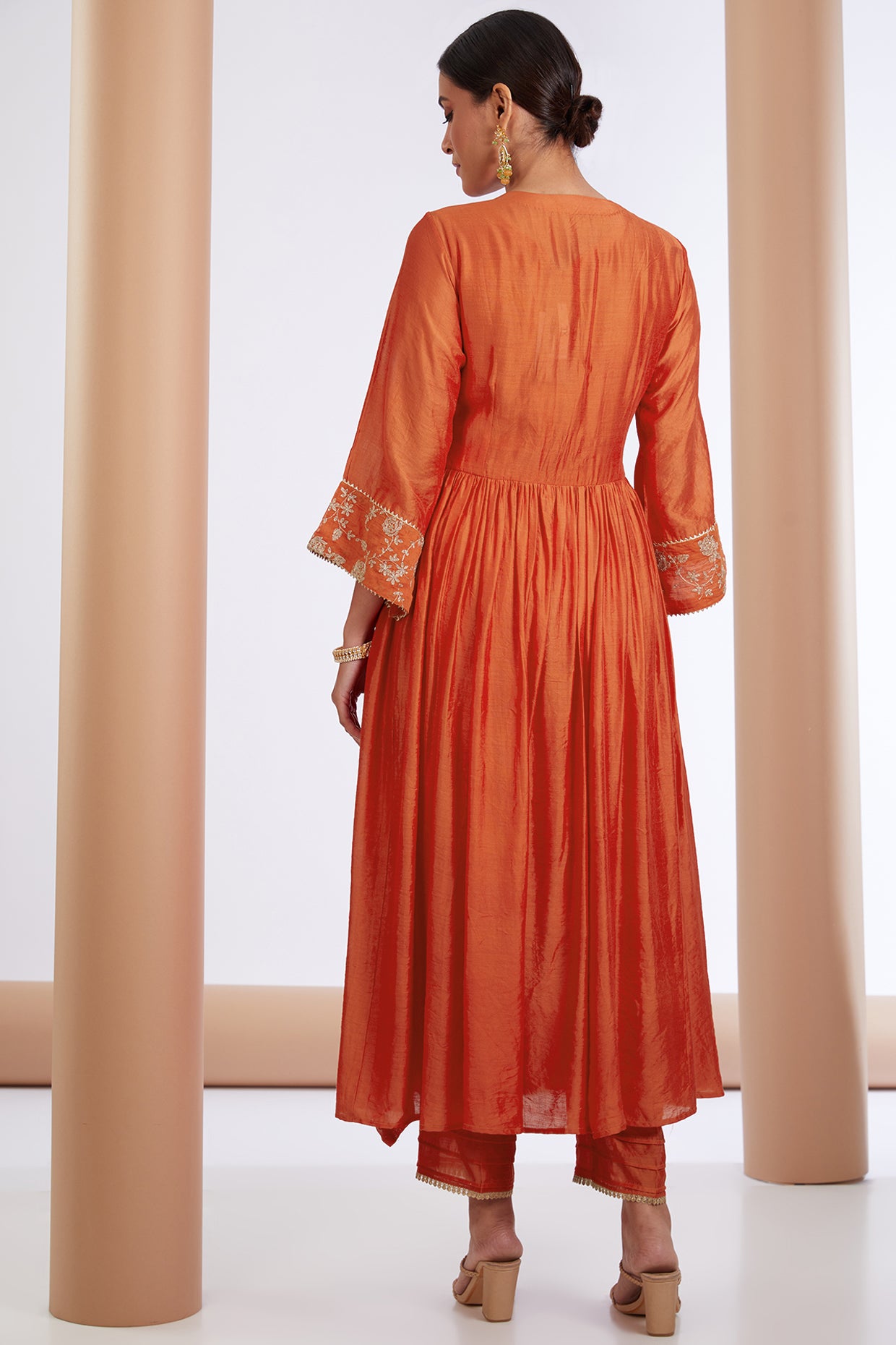 Orange Chanderi Silk Floral Embroidered Anarkali Pant Set