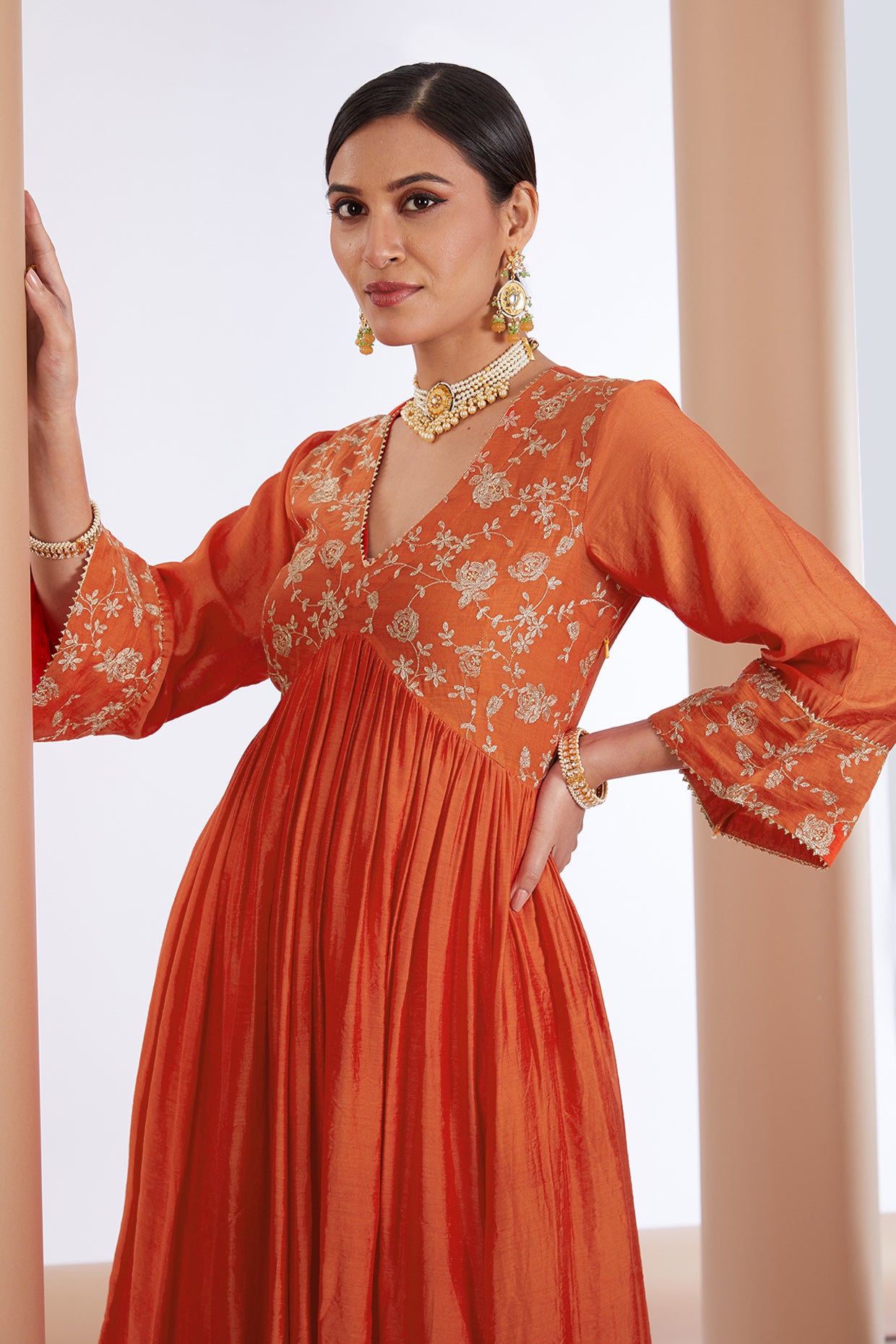 Orange Chanderi Silk Floral Embroidered Anarkali Pant Set