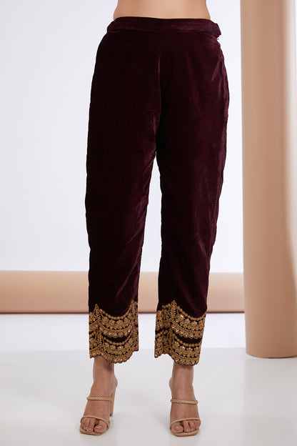 Wine Velvet Embroidered Kurta Pant Set