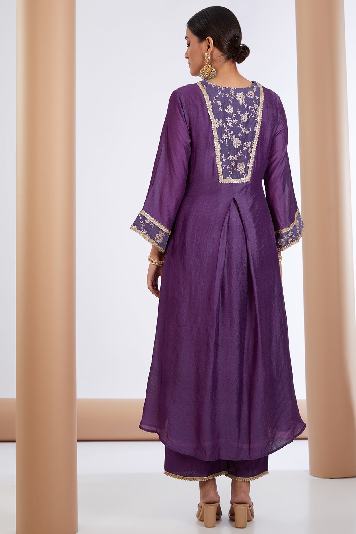 Purple Chanderi Floral Zari Work Anarkali Pant Set