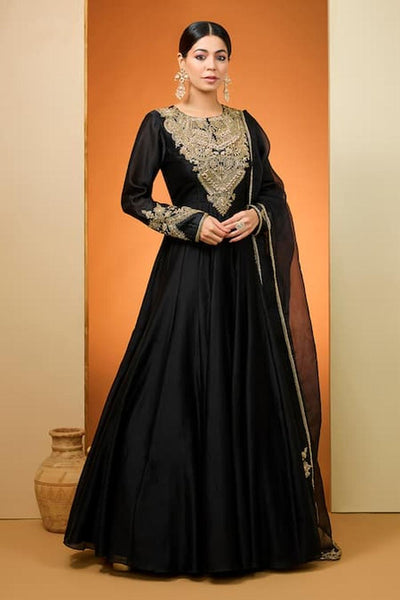 Black Silk Chanderi Hand Embroidered Kalidar Anarkali Set