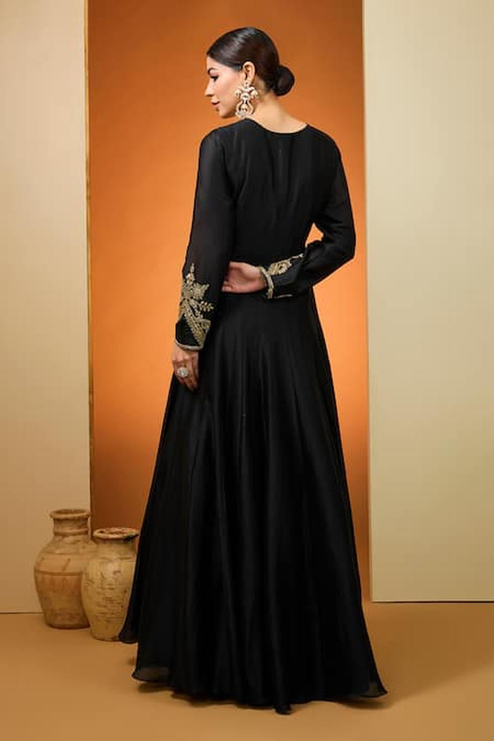 Black Silk Chanderi Hand Embroidered Kalidar Anarkali Set