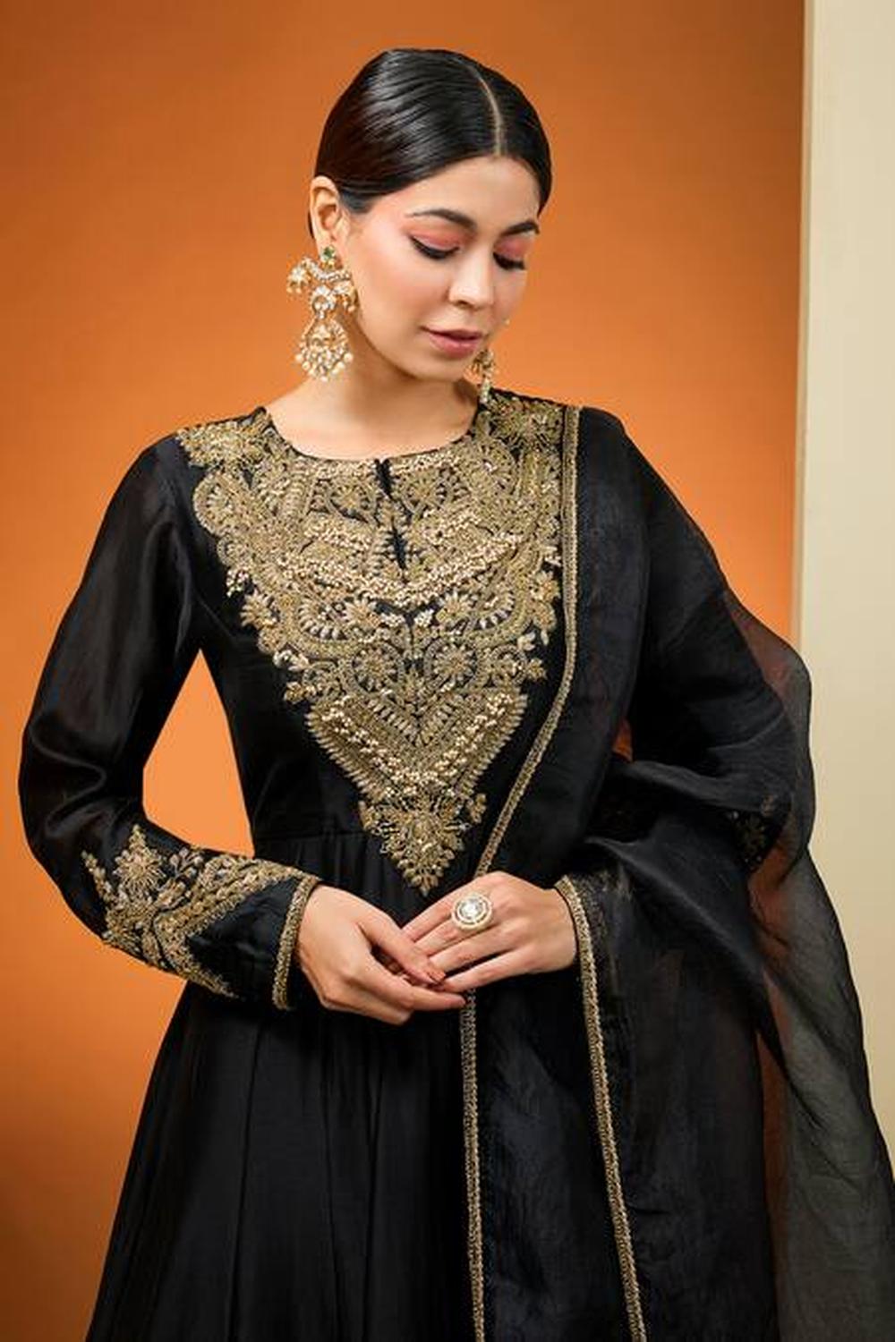 Black Silk Chanderi Hand Embroidered Kalidar Anarkali Set