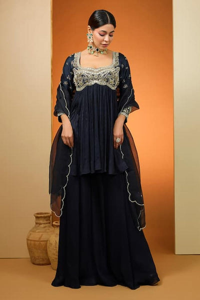 Blue Viscose Chinon Sharara Set