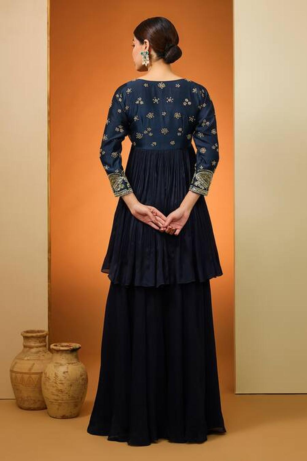 Blue Viscose Chinon Sharara Set