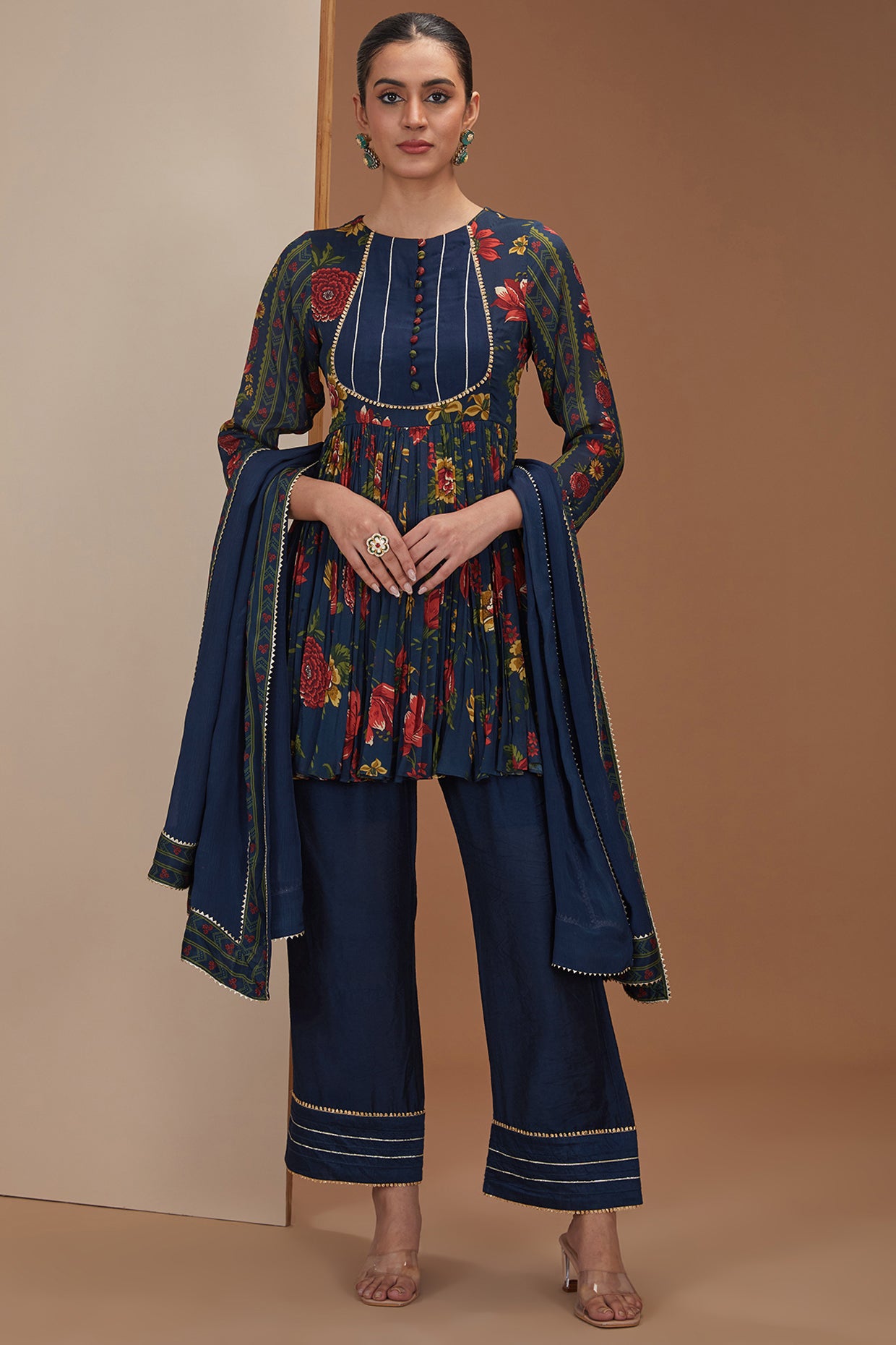 Blue Viscose Chinon Printed And Embroidered Short Anarkali Pant Set For Women