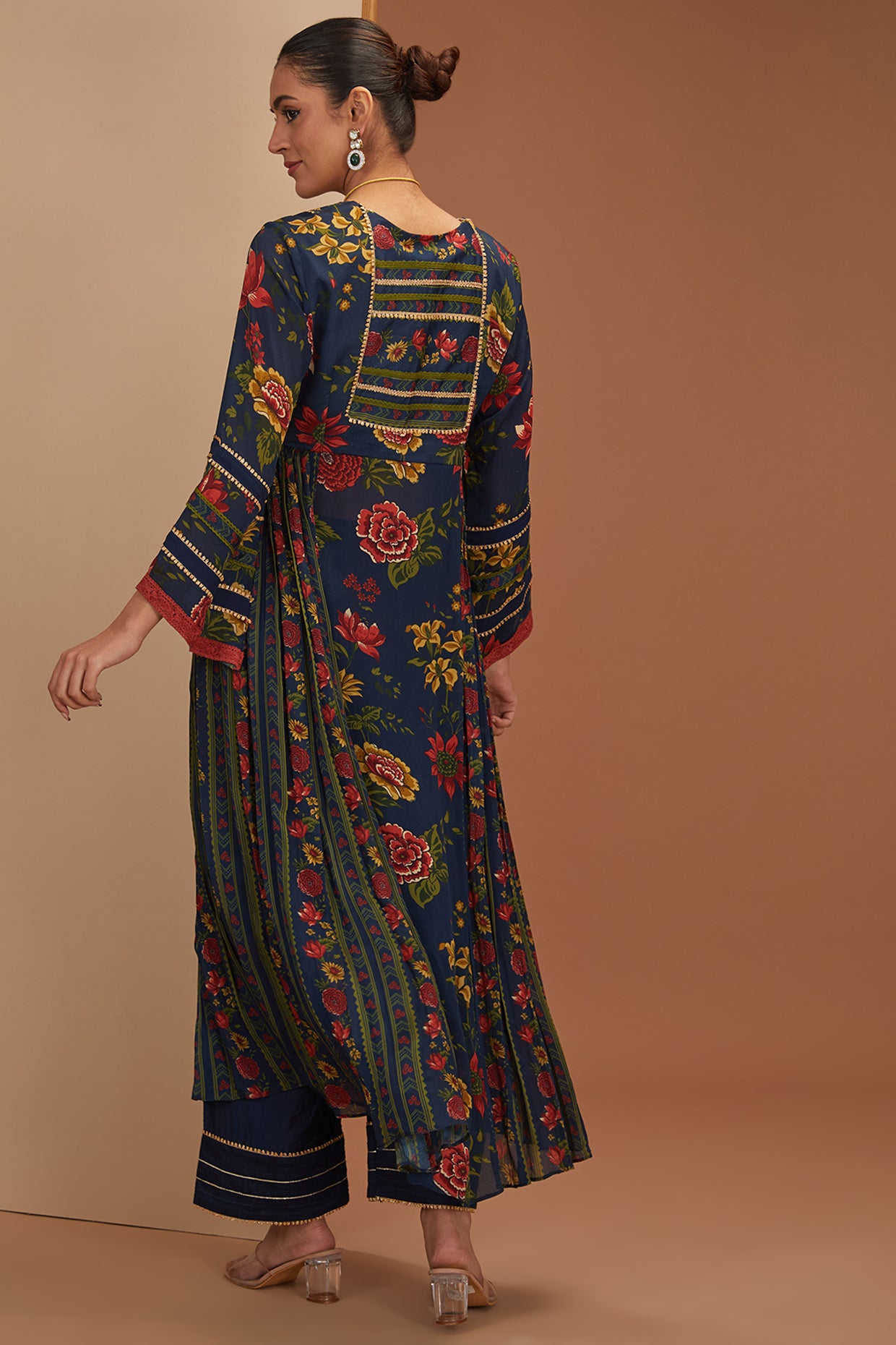 Blue Viscose Chinon Printed And Embroidered Floral V Anarkali Pant Set For Women