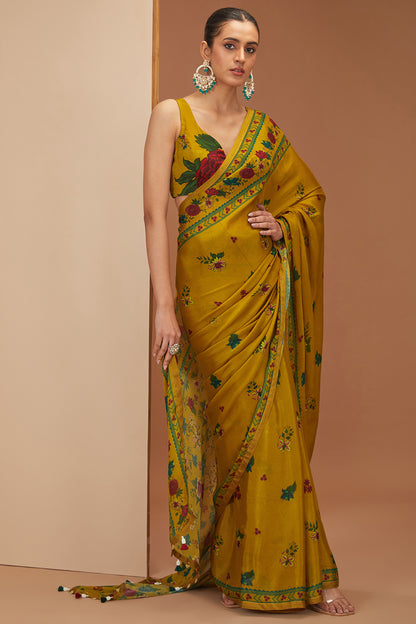 Yellow Viscose Chinon Printed Floral And Stripe Saree & Blouse Set For Women