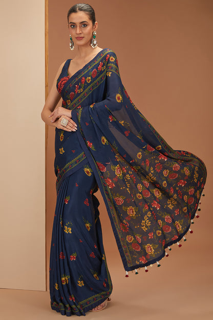 Blue Viscose Chinon Printed Bloom And Stripe V Saree & Blouse Set For Women