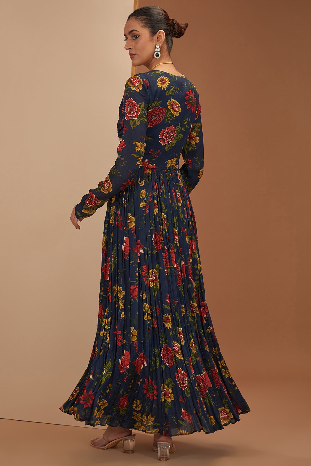 Blue Viscose Chinon Printed And Embroidered Floral Angarkha Anarkali Set For Women