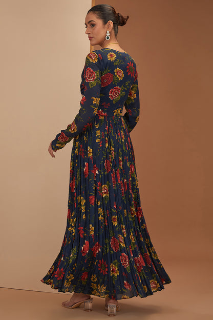 Blue Viscose Chinon Printed And Embroidered Floral Angarkha Anarkali Set For Women