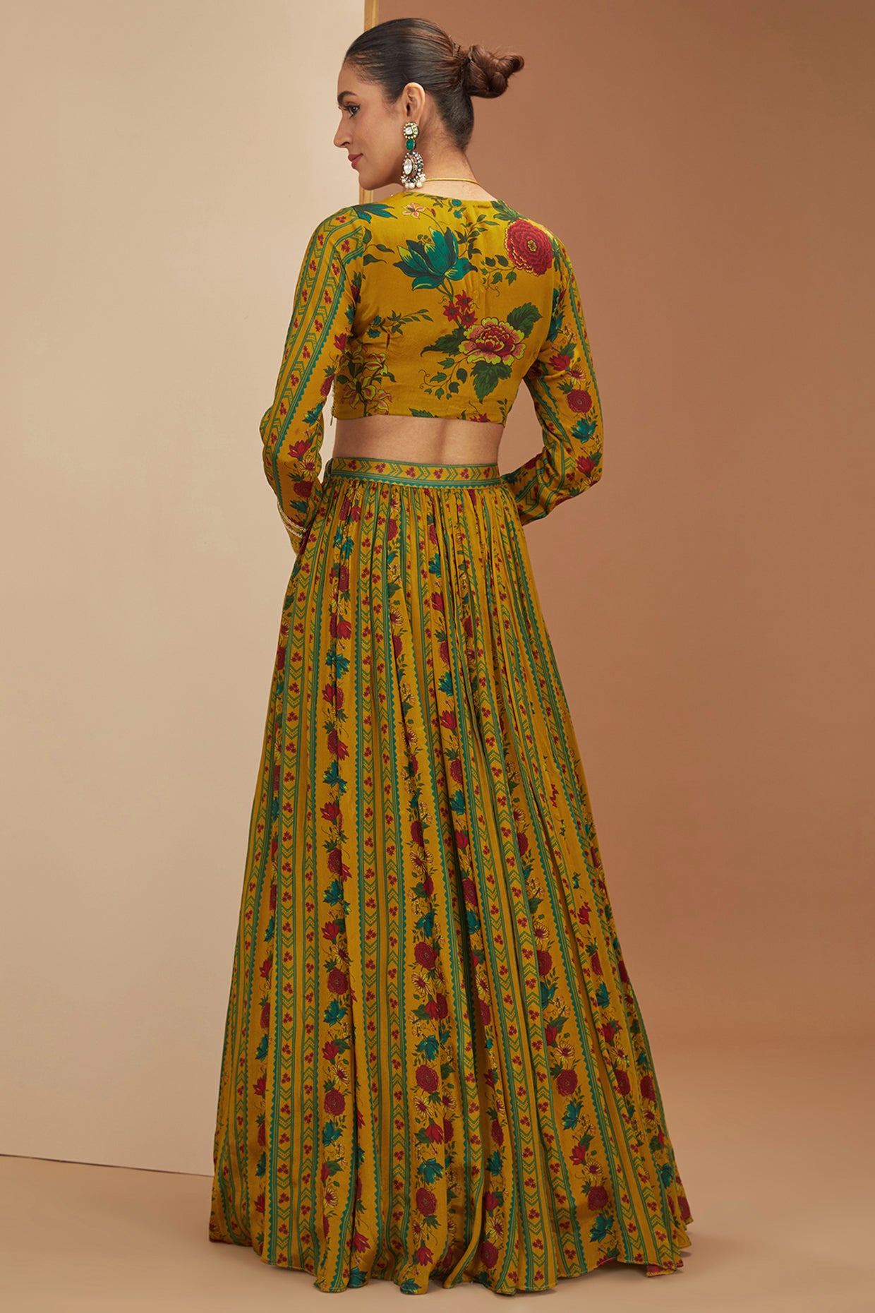 Yellow Viscose Chinon Printed And Embroidered Floral Stripe Lehenga Set For Women