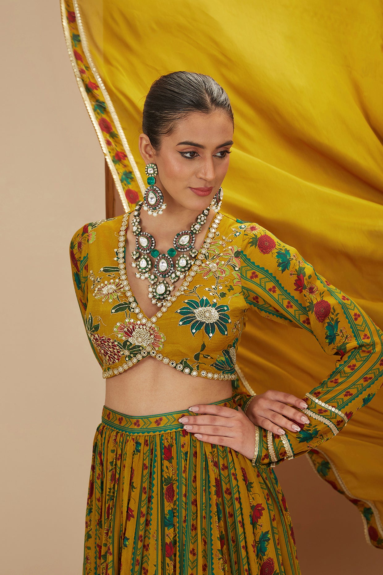 Yellow Viscose Chinon Printed And Embroidered Floral Stripe Lehenga Set For Women
