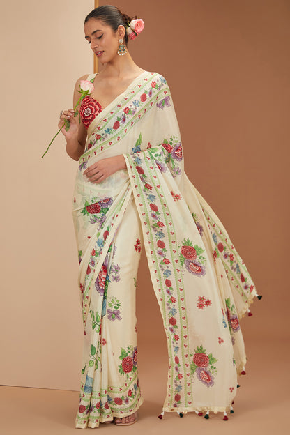 Ivory Viscose Chinon Printed Botanical And Stripe Saree & Blouse Set For Women