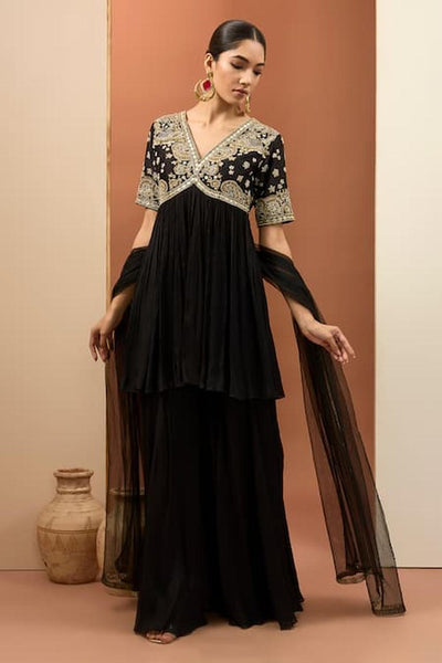 Black Viscose Chiffon Hand Embroidered Anarkali Set