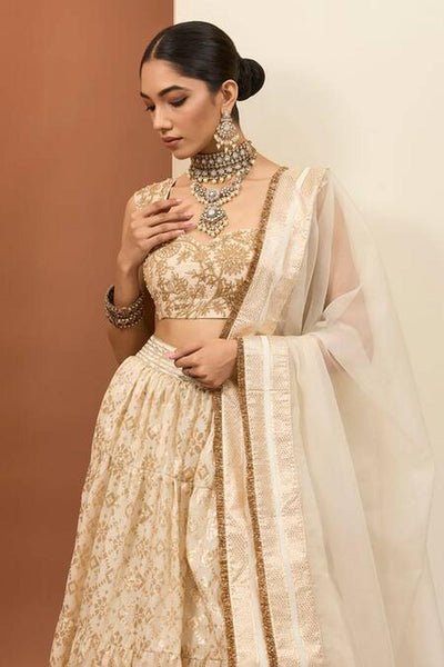 Ivory Banarasi Chanderi Embroidered Lehenga Set